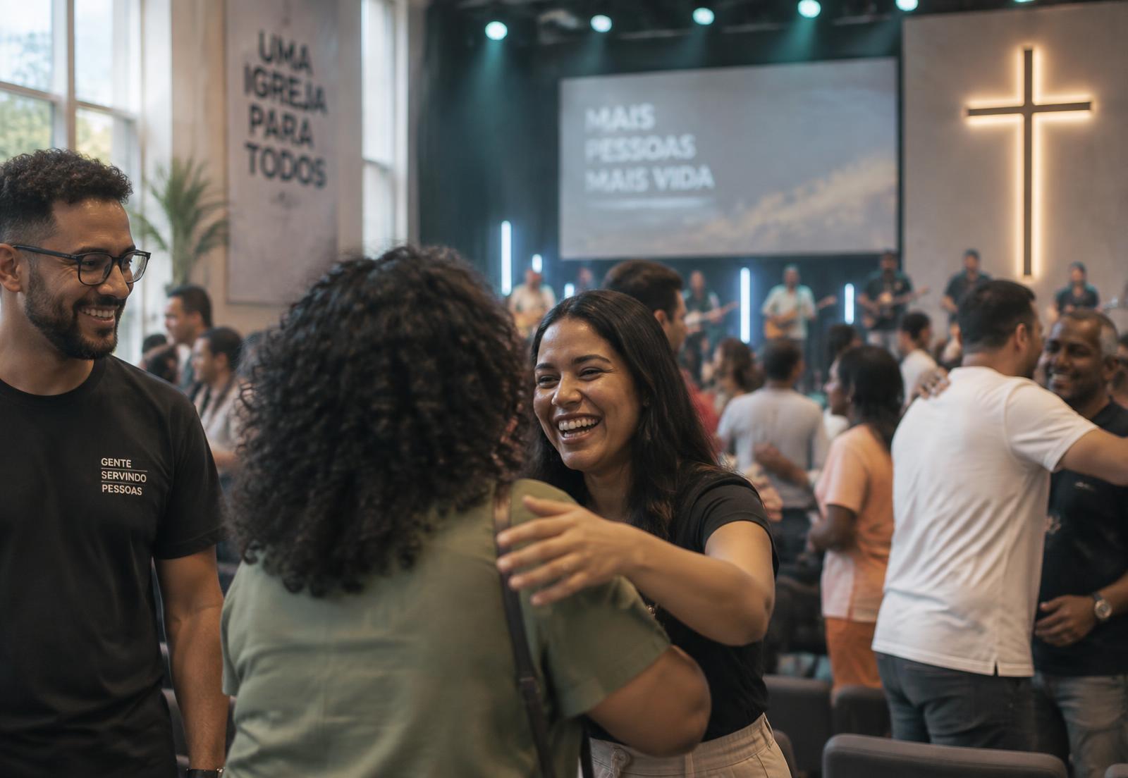 Pessoas se cumprimentando em um evento de igreja